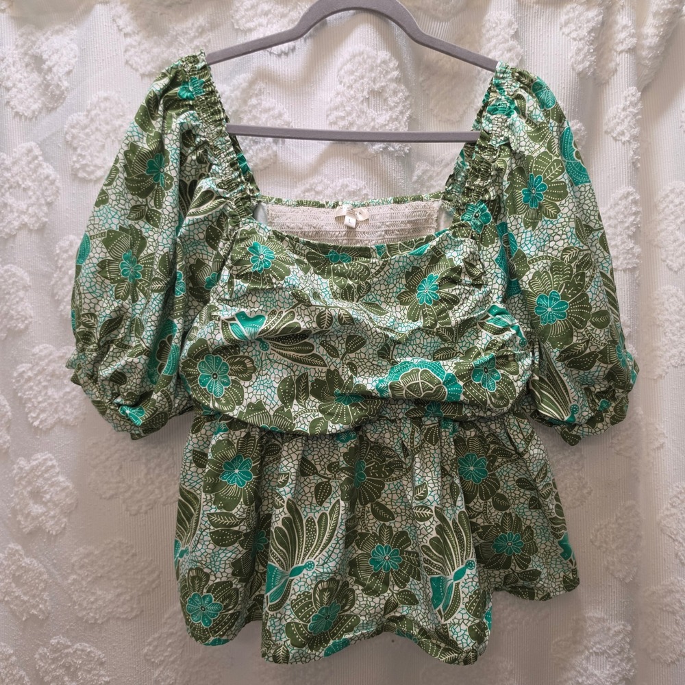 Nikasha Green Floral Cotton Puff Sleeve Blouse‎ Square Neck Smocked Back Large
